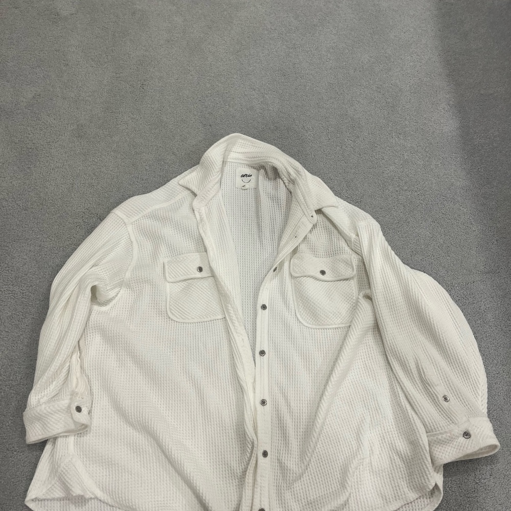 Aerie White Lightweight Waffle Button Up